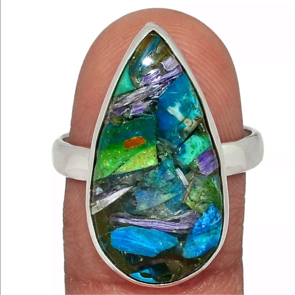Siberian Charoite in Chrysocolla silver rings